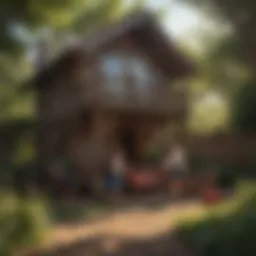 Children playing in backyard fort