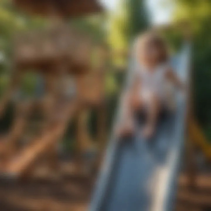 Child demonstrating creativity while enjoying backyard playset slide