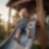 Child playing on backyard playset slide with joy