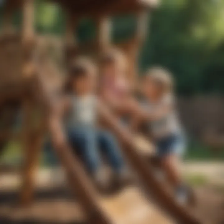 Children interacting and playing together on backyard playset slide