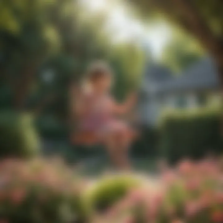 Child enjoying a peaceful swing amidst blooming flowers