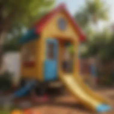 Child playing creatively in a colorful plastic playhouse with slide