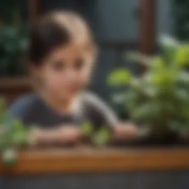 Child exploring different plant varieties in a planter box