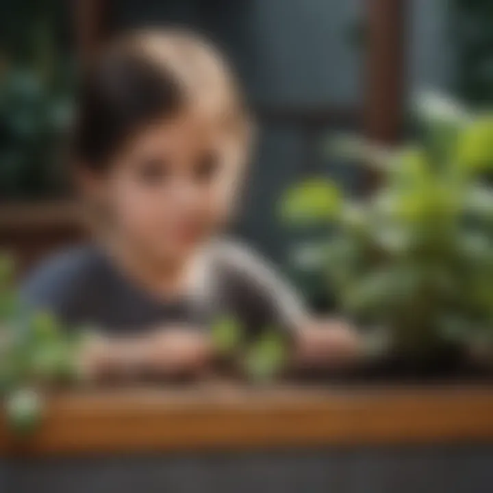 Child exploring different plant varieties in a planter box