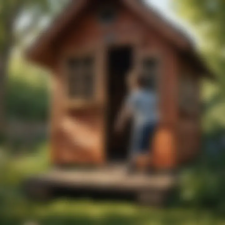 Child engaging in physical activities around a playhouse