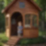 Child playing creatively in a whimsical outdoor playhouse