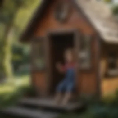 Child playing creatively inside a wooden playhouse