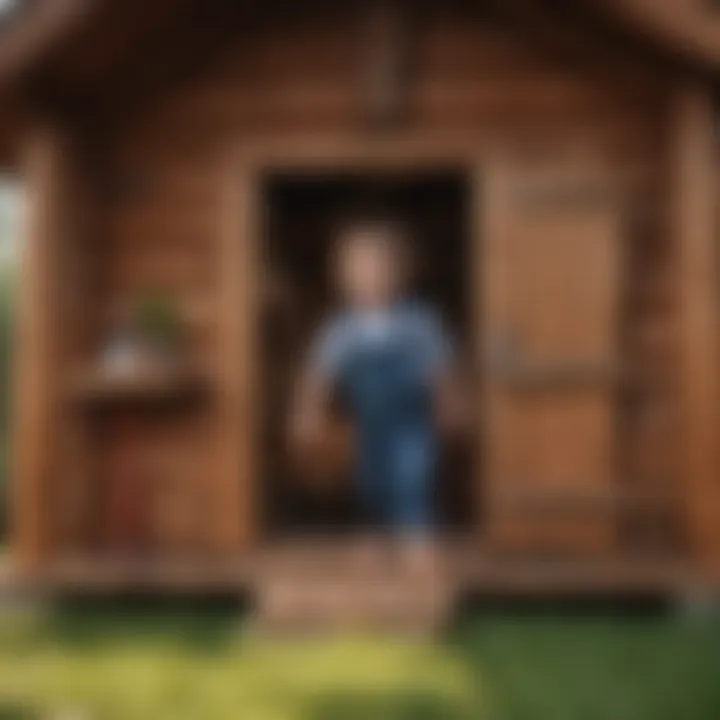 Child Playing Inside Plastic Log Cabin Playhouse