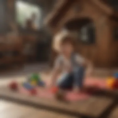 Child playing with toys on playhouse floor with welcome mat