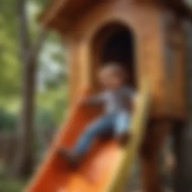 Kids' Joyful Descent on Colorful Slide Child sliding down the vibrant slide attached to the tree playhouse
