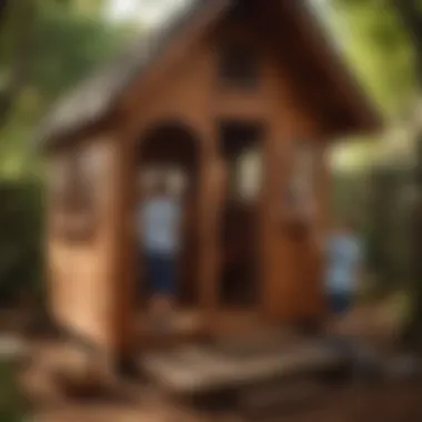 Children playing creatively inside a wooden playhouse with a slide