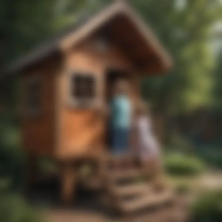 Children exploring a small outdoor playhouse together