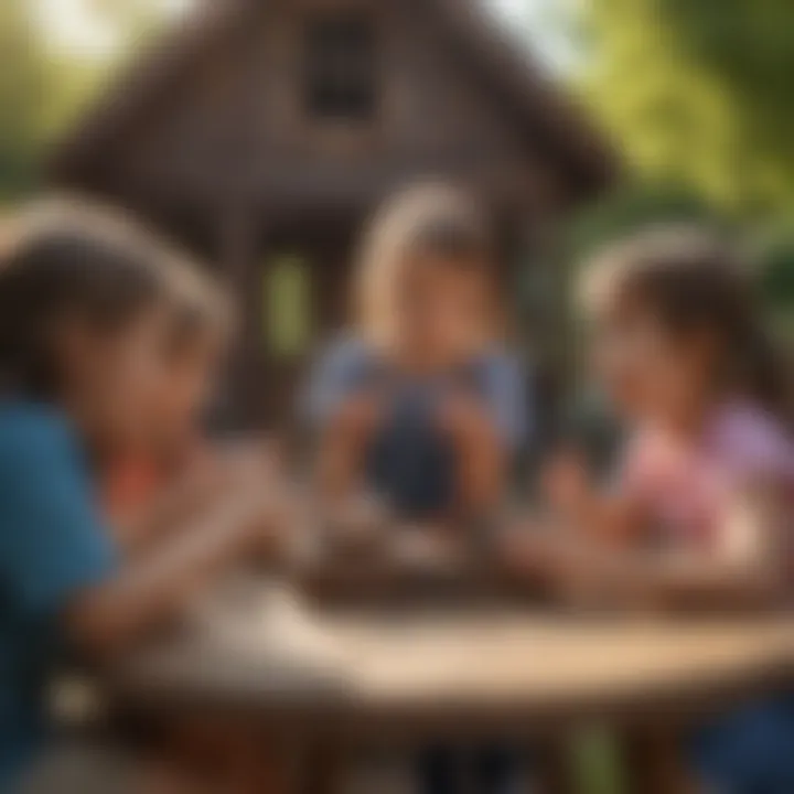 Group of children engaging with playhouse accessories