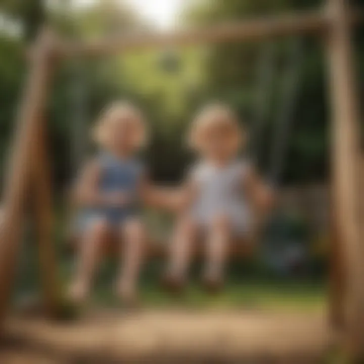 Children happily playing on a wooden garden swing set