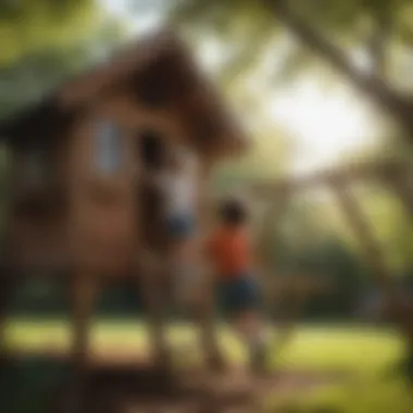 Children happily playing on a wooden playhouse swingset