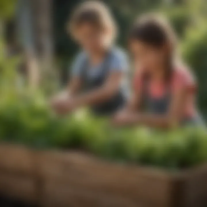 Children happily harvesting fresh herbs from a planter box