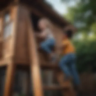 Children playing joyfully on a playhouse ladder