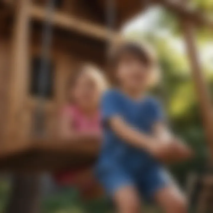 Children Playing in Backyard Playhouse Swing Set