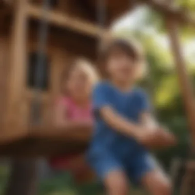 Joyful Kids Playing in Backyard Playhouse Swing Set Children Playing in Backyard Playhouse Swing Set