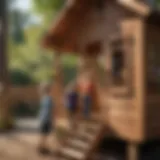 Children playing in the Braewood Wooden Outdoor Playhouse