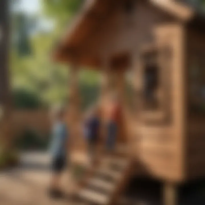 Children playing in the Braewood Wooden Outdoor Playhouse