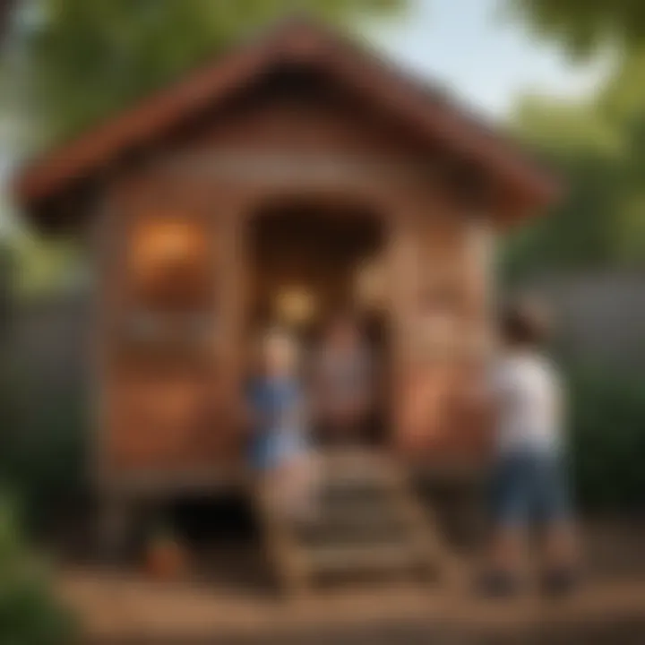 Children playing creatively in a small outdoor playhouse