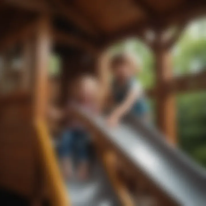 Children playing joyfully in a playhouse with tube slide