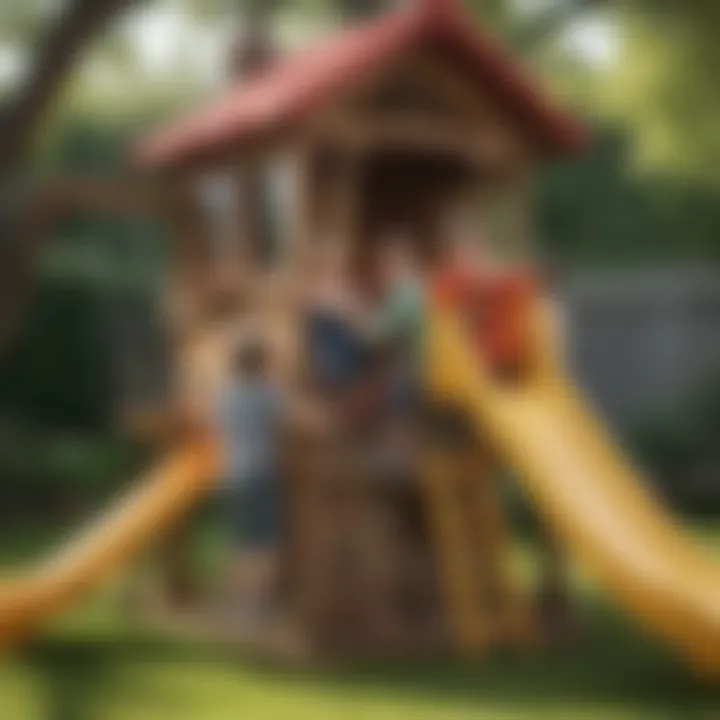 Children playing on the Little Tikes Playhouse with Slide and Swing