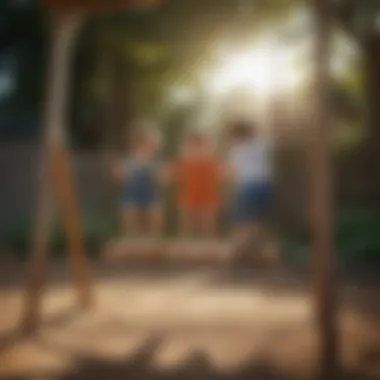 Children joyfully playing on a minimalist wooden swing structure