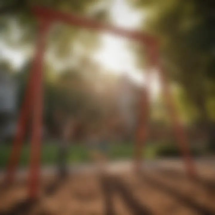 Children playing on red wood swing set in a park