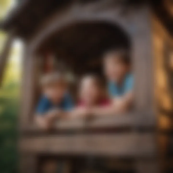 Children playing joyfully in a wooden play fort