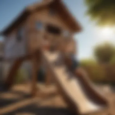 Children joyfully playing on a wooden playhouse slide under the sun