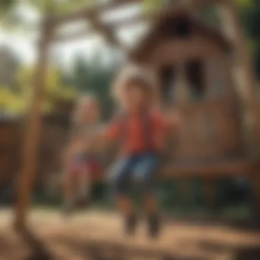 Children Playing on Wooden Playhouse Swing Set