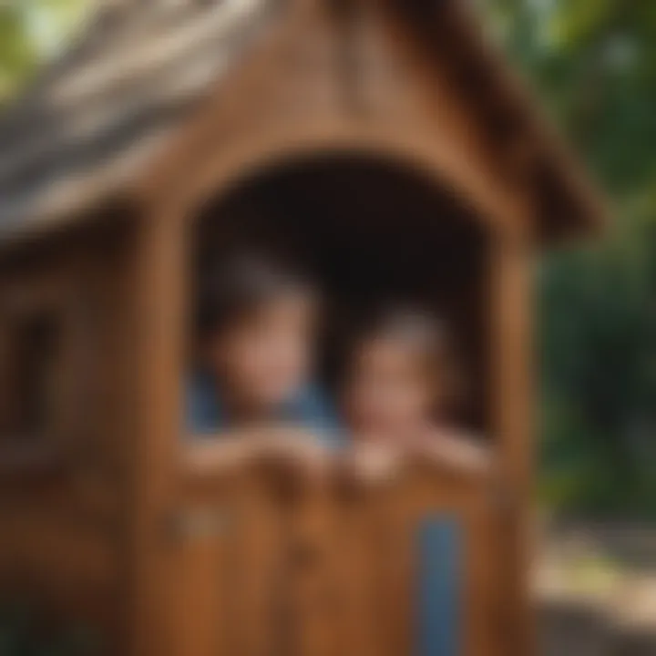 Children playing in a wooden playhouse