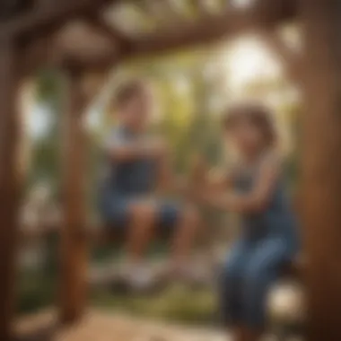 Children joyfully playing on a wooden playset with swings