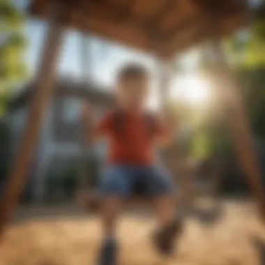 Children joyfully playing on a wooden swing set with two slides under the sun