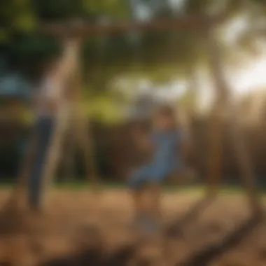 Kids playing safely on a swing set made of pressure-treated wood