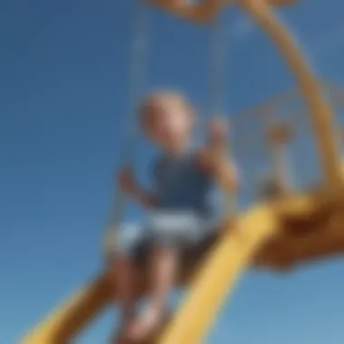 Child swinging on a playset against a backdrop of a clear blue sky