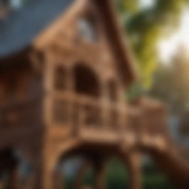 Close-up of intricate wooden detailing on playhouse swingset