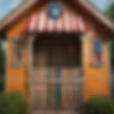 Close-up of a colorful flag waving on a vibrant playhouse