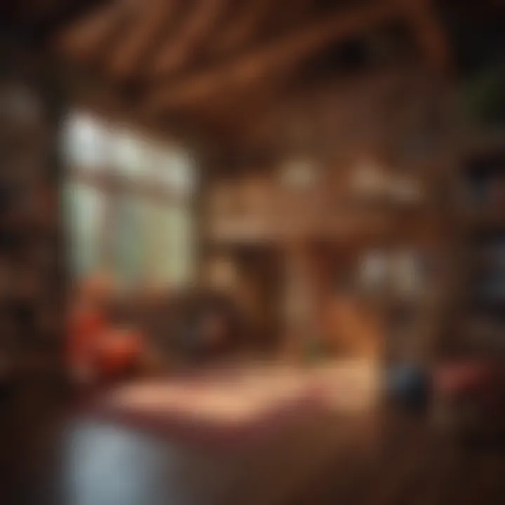 Colorful interior of a child's wood playhouse filled with toys and books