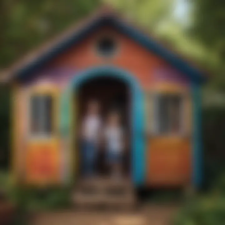 Children playing joyfully inside a colorful wooden playhouse