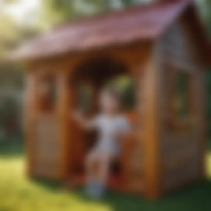 Child playing creatively in an outdoor plastic playhouse