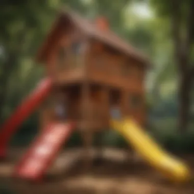 Child exploring a creatively designed outdoor playhouse with slide