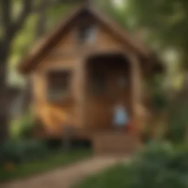 Imaginative Play in Wooden Wonderland Children playing creatively inside a charming wooden wendy house
