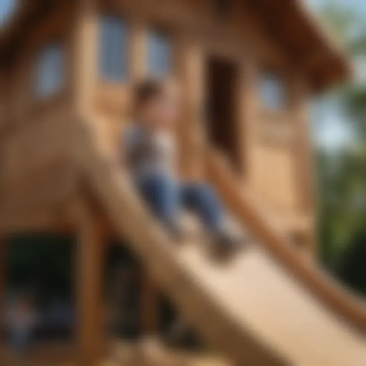 Detailed view of safety features on a wooden playhouse slide ensuring secure fun