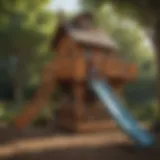 Children playing in a whimsical outdoor playhouse with slide