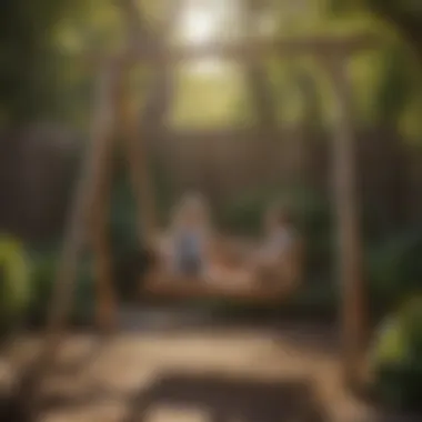 Children playing on a whimsical wooden swing in backyard