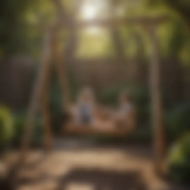 Children playing on a whimsical wooden swing in backyard