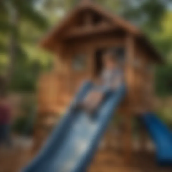 Close-up of kids playing creatively on an 8ft slide in a backyard playhouse